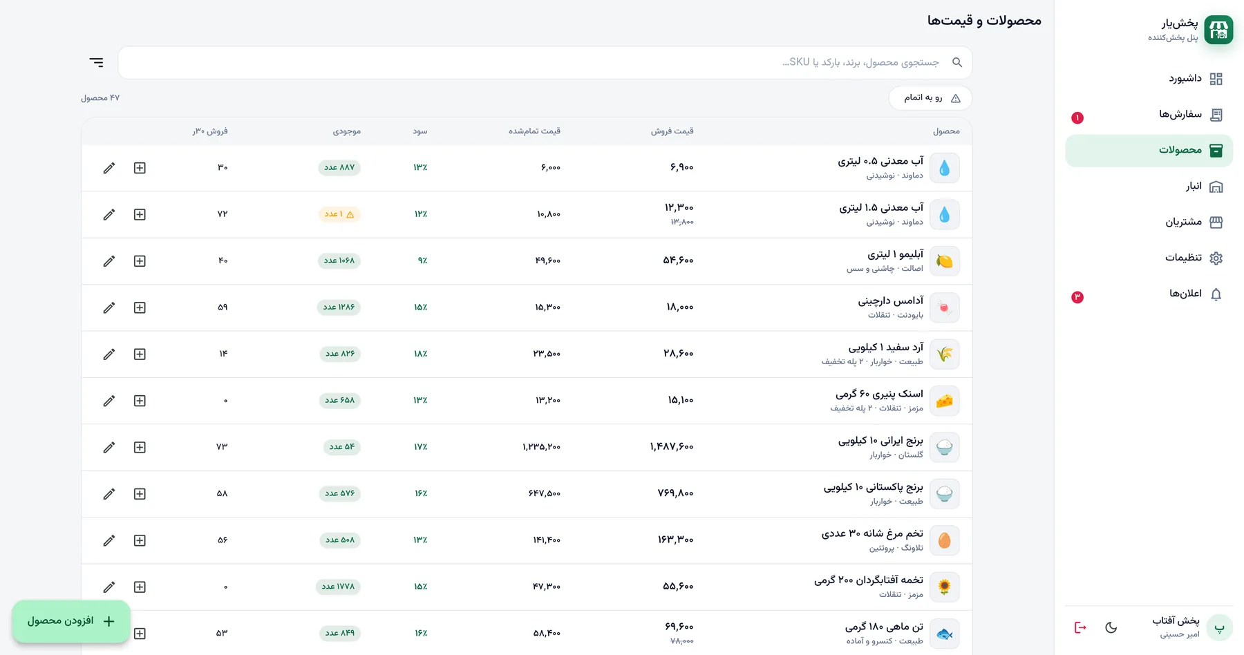Products and pricing in the PakhshYar distributor panel: sale price, profit, stock and 30-day sales per item
