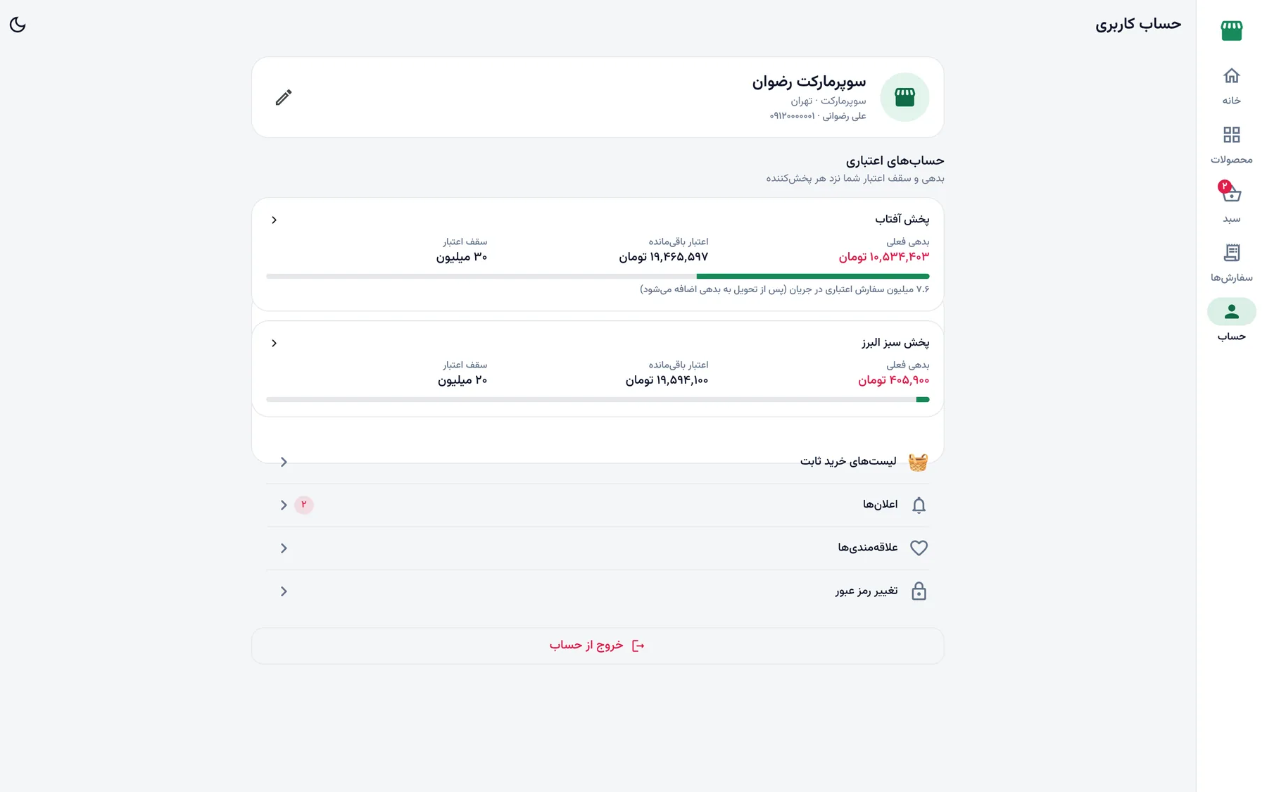 Supermarket account in PakhshYar: balance and remaining credit with each distributor